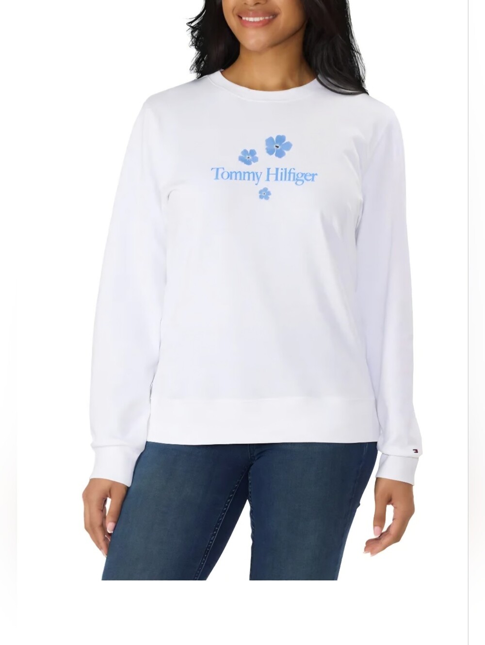 Tommy Hilfiger White Crewneck Sweatshirt with Blue Floral Logo NWT